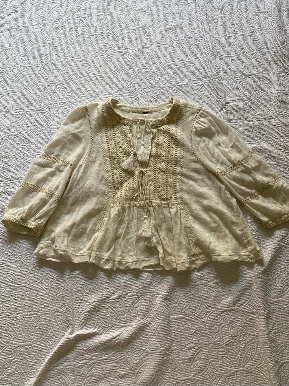 Free People Cream Boho Tassel Peasant Top